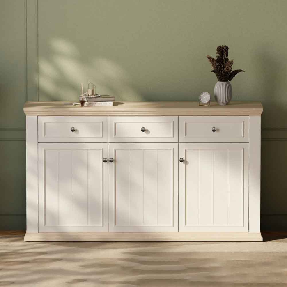 Parenzo Wooden Sideboard with 3 Doors 3 Drawers in White and Riva Oak