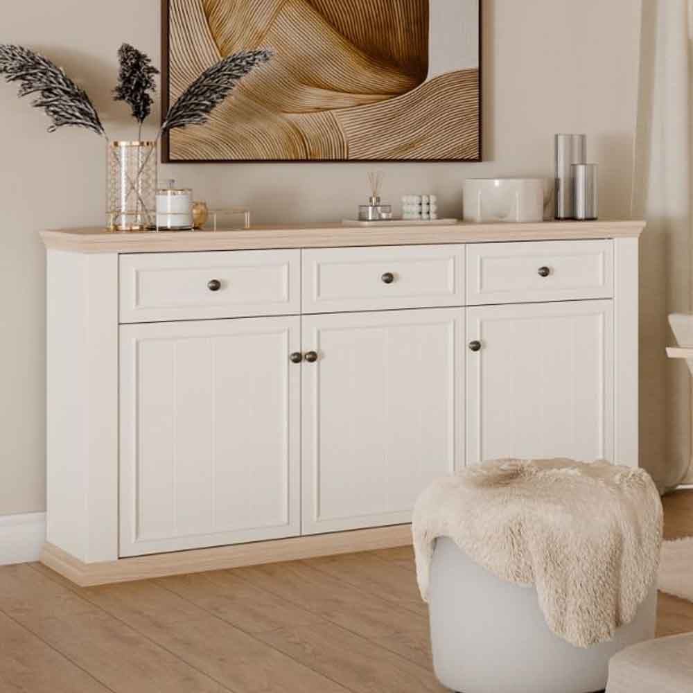 Parenzo Wooden Sideboard with 3 Doors 3 Drawers in White and Riva Oak