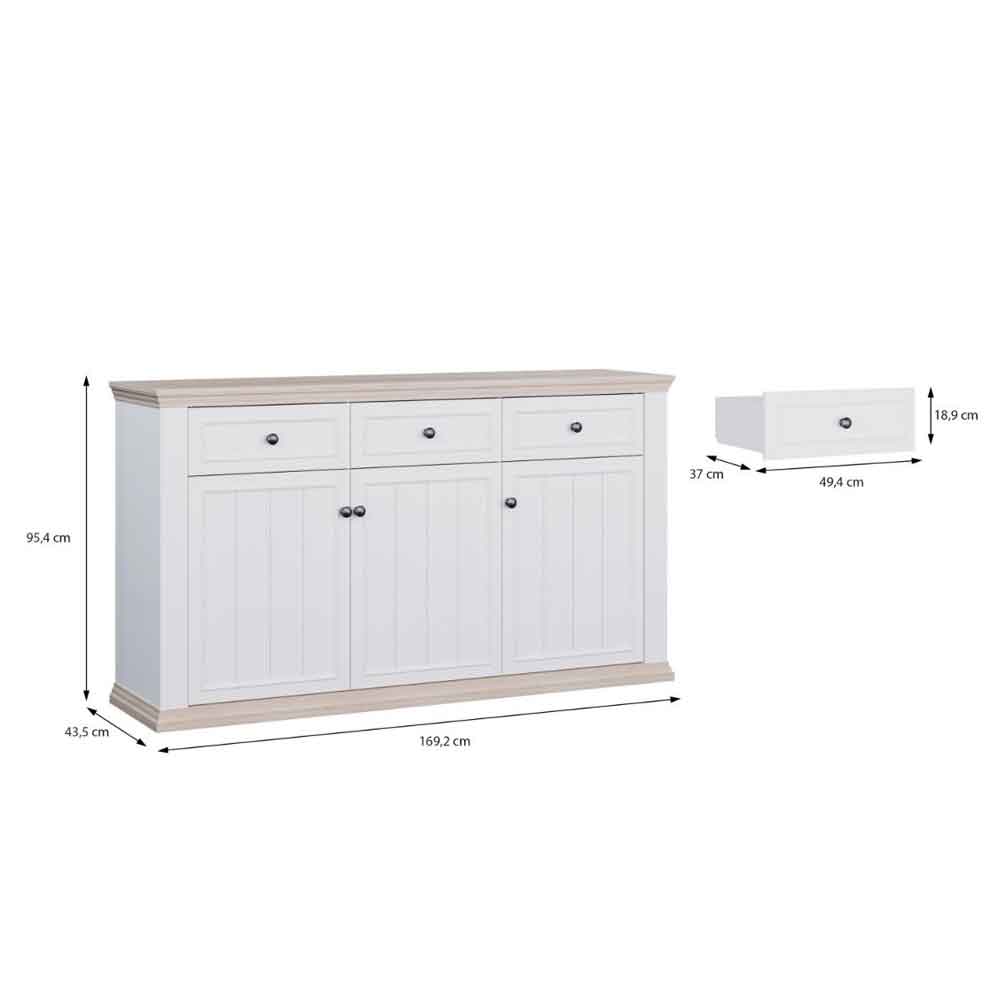 Parenzo Wooden Sideboard with 3 Doors 3 Drawers in White and Riva Oak