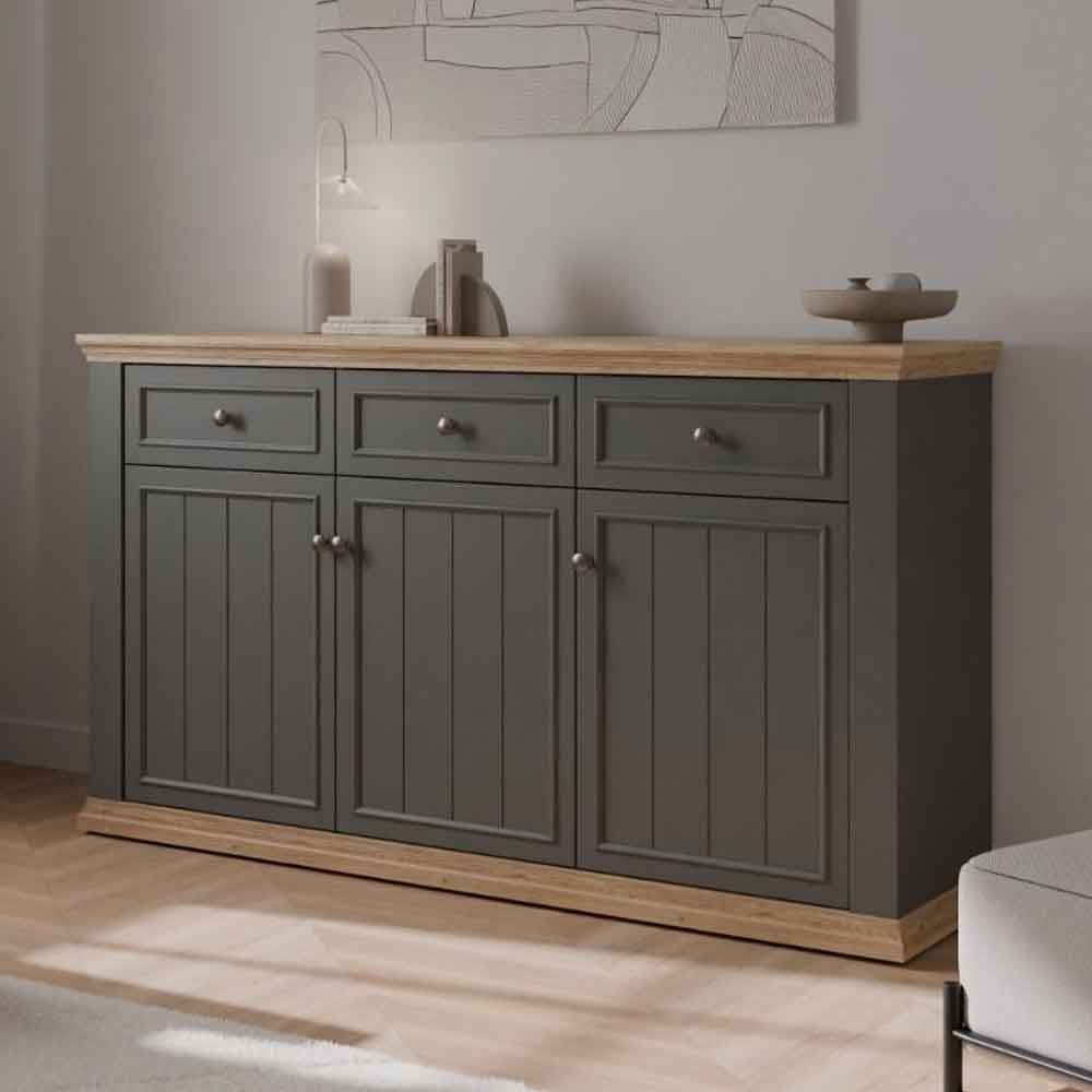 Parenzo Wooden Sideboard with 3 Doors 3 Drawers in Wolfram Grey and Mauvella Oak