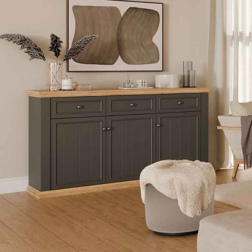 Parenzo Wooden Sideboard with 3 Doors 3 Drawers in Wolfram Grey and Mauvella Oak