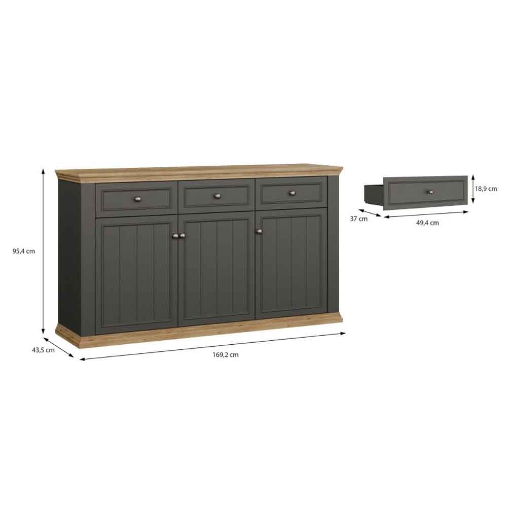 Parenzo Wooden Sideboard with 3 Doors 3 Drawers in Wolfram Grey and Mauvella Oak