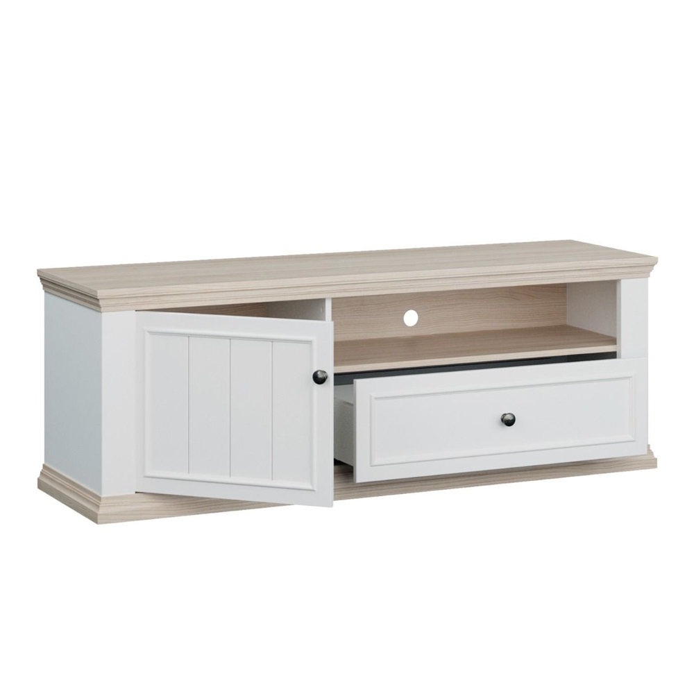 Parenzo Wooden TV Stand with 1 Door 1 Drawer in White and Riva Oak