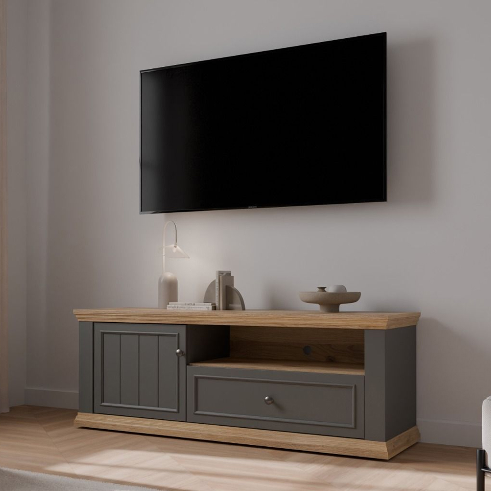Parenzo Wooden TV Stand with 1 Door 1 Drawer in Wolfram Grey and Mauvella Oak