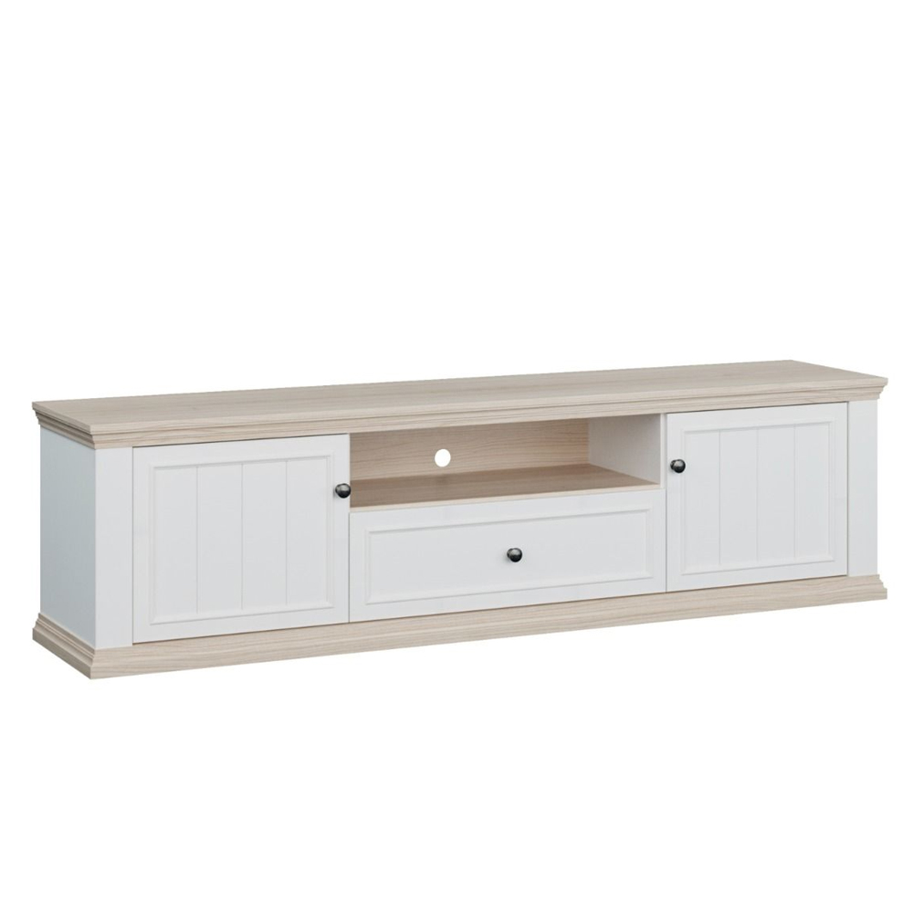 Parenzo Wooden TV Stand with 2 Doors 1 Drawer in White and Riva Oak