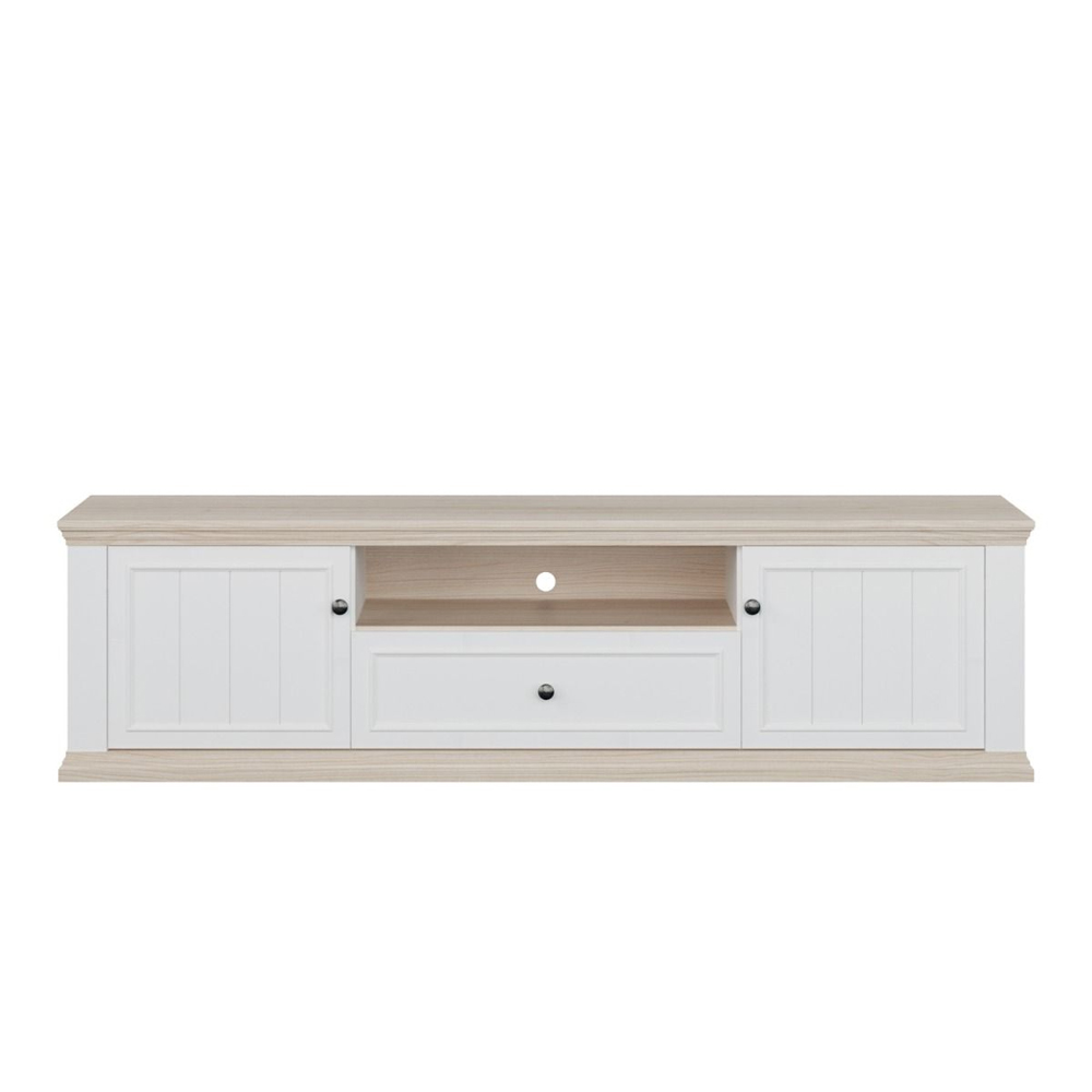 Parenzo Wooden TV Stand with 2 Doors 1 Drawer in White and Riva Oak