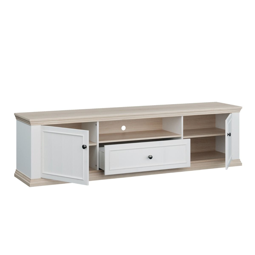 Parenzo Wooden TV Stand with 2 Doors 1 Drawer in White and Riva Oak