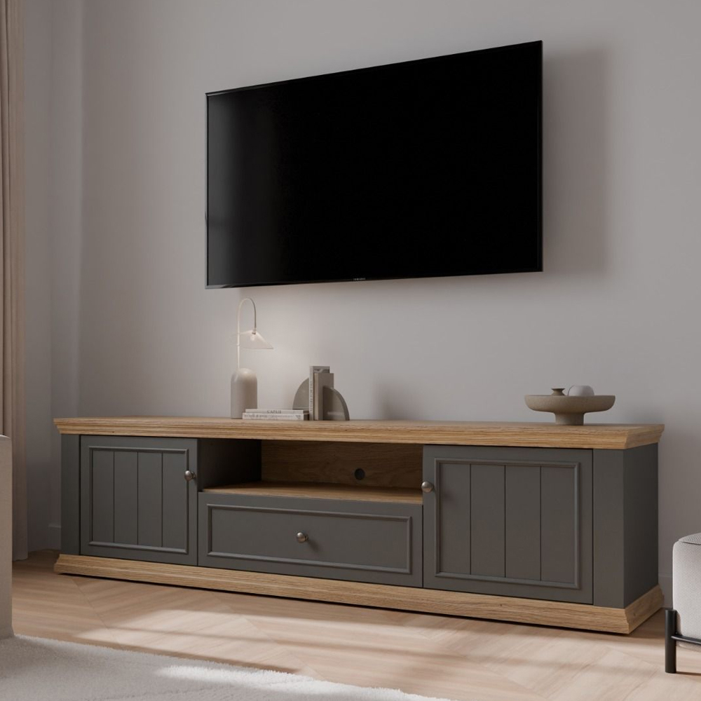 Parenzo Wooden TV Stand with 2 Doors 1 Drawer in Wolfram Grey and Mauvella Oak