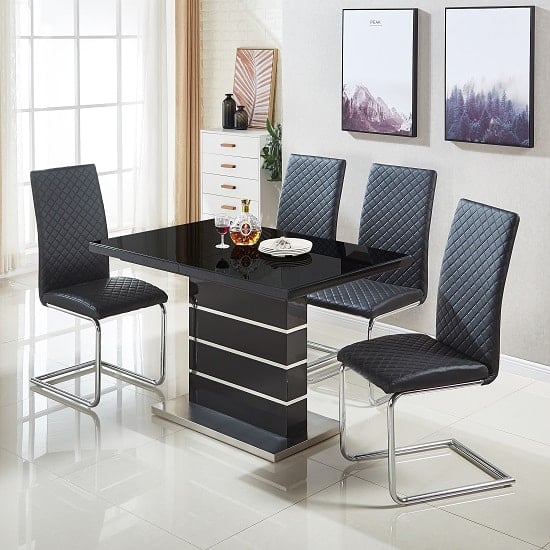 Photo of Parini extending black gloss dining table 4 ronn black chairs