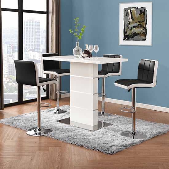 Product photograph of Parini White Gloss Bar Table 4 Copez Black White Stools from Furniture in Fashion