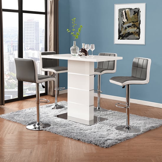 Product photograph of Parini White Gloss Bar Table 4 Copez Grey White Stools from Furniture in Fashion