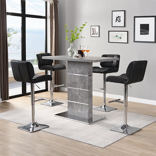 Product photograph of Parini Concrete Effect Bar Table With 4 Candid Black Stools from Furniture in Fashion