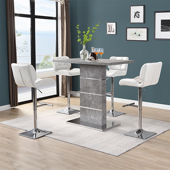 Product photograph of Parini Concrete Effect Bar Table With 4 Candid White Stools from Furniture in Fashion