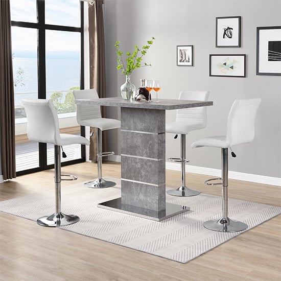 Product photograph of Parini Concrete Effect Bar Table With 4 Ripple White Stools from Furniture in Fashion