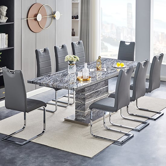 Photo of Parini extendable melange high gloss dining table 8 grey chairs