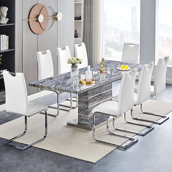 Parini Extendable Melange High Gloss Dining Table 8 White Chairs