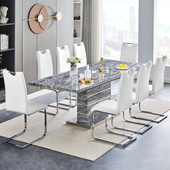 Product photograph of Parini Extendable Melange High Gloss Dining Table 8 White Chairs from Furniture in Fashion