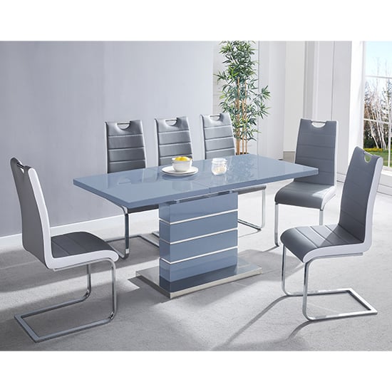 Parini Extending Grey Gloss Dining Table 6 Petra Grey Chairs
