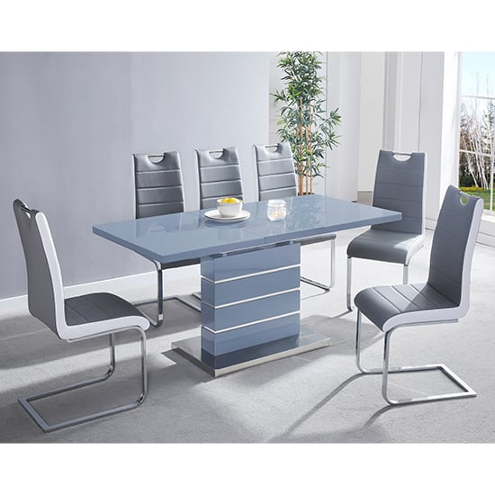 Photo of Parini extending grey gloss dining table 6 petra grey chairs