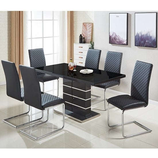 Photo of Parini extending black gloss dining table 6 ronn black chairs