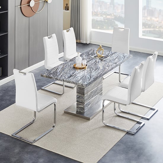 Product photograph of Parini Extendable Melange High Gloss Dining Table 6 White Chairs from Furniture in Fashion