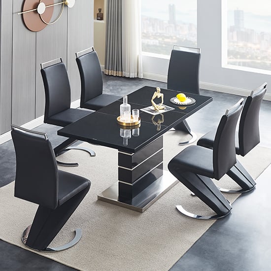 Photo of Parini extending black high gloss dining table 6 black chairs