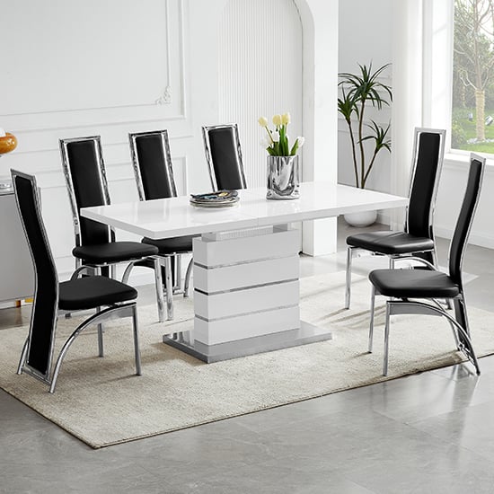 Photo of Parini extending gloss dining table with 6 chicago black chairs