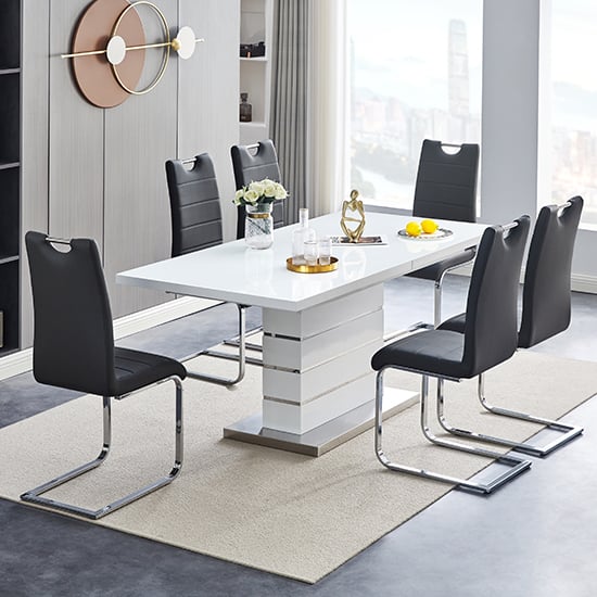 Photo of Parini extendable high gloss dining table 6 petra black chairs