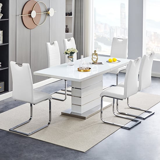 Photo of Parini extendable high gloss dining table 6 petra white chairs