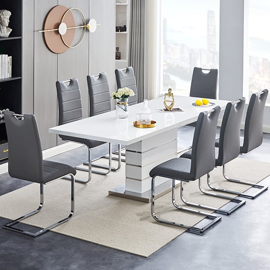 Parini Extendable High Gloss Dining Table 8 Petra Grey Chairs_1