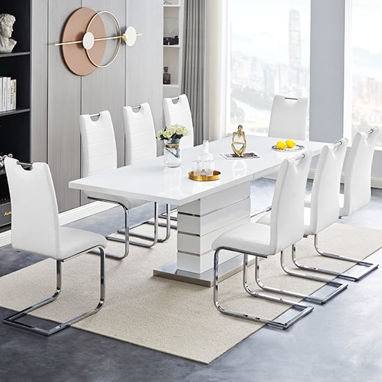 Parini Extendable High Gloss Dining Table 8 Petra White Chairs