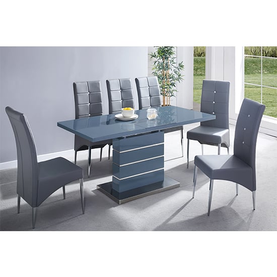 Photo of Parini extending grey gloss dining table 6 vesta grey chairs