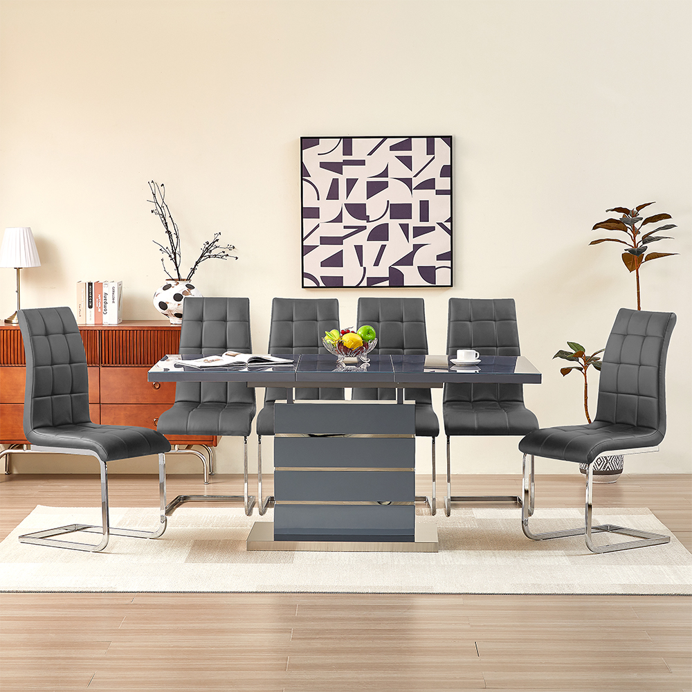Parini Extending Grey High Gloss Dining Table 6 Paris Grey Chairs