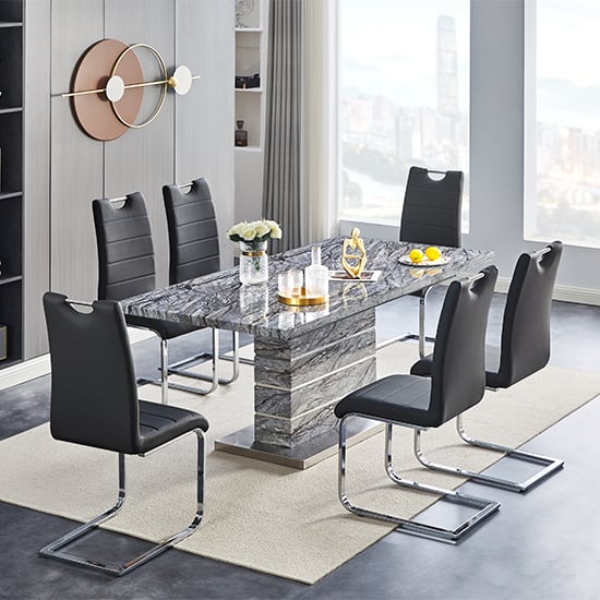 Photo of Parini extendable dining table in melange 6 petra black chairs