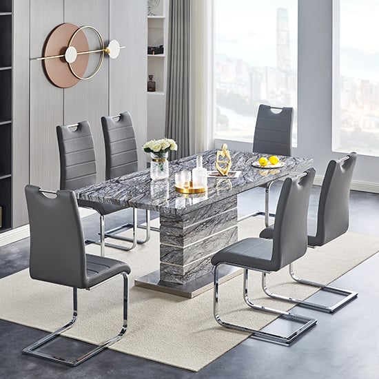 Product photograph of Parini Extendable Dining Table In Melange 6 Petra Grey Chairs from Furniture in Fashion