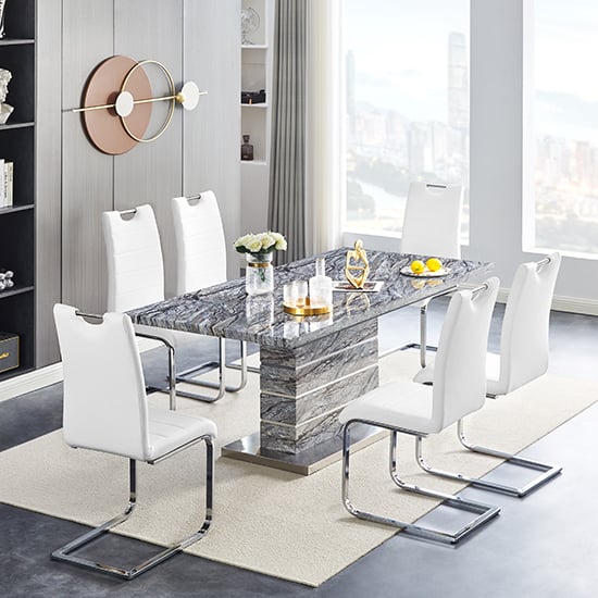 Product photograph of Parini Extendable Dining Table In Melange 6 Petra White Chairs from Furniture in Fashion