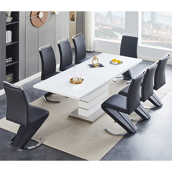 Product photograph of Parini Extending White High Gloss Dining Table 8 Black Chairs from Furniture in Fashion