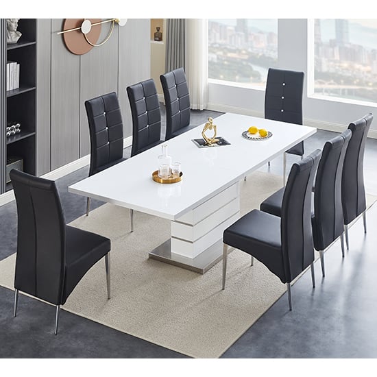 Parini Extending White Gloss Dining Table 8 Vesta Black Chairs