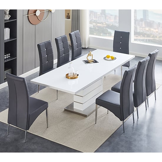 Parini Extending White Gloss Dining Table 8 Vesta Grey Chairs_1