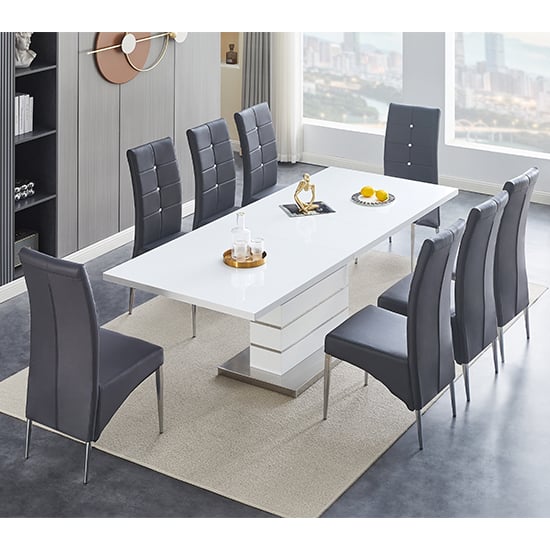 Product photograph of Parini Extending White Gloss Dining Table 8 Vesta Grey Chairs from Furniture in Fashion