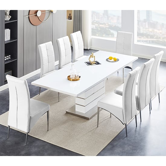 Parini Extending White Gloss Dining Table 8 Vesta White Chairs