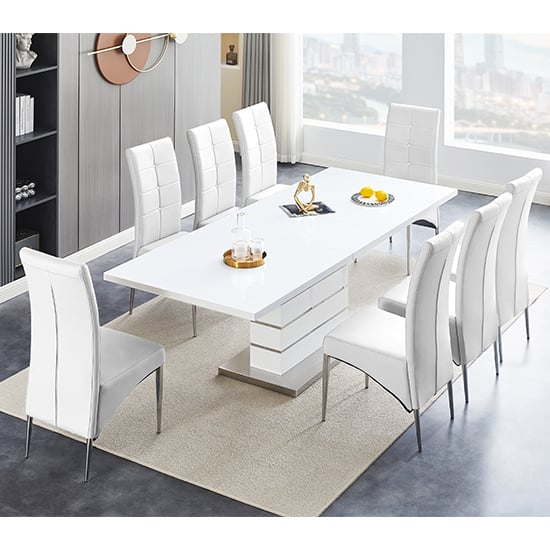 parini large extending white dining table 8 vesta white chairs at Furniture In Fashion