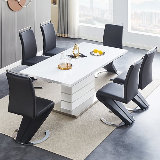 Parini Extending White High Gloss Dining Table 6 Black Chairs
