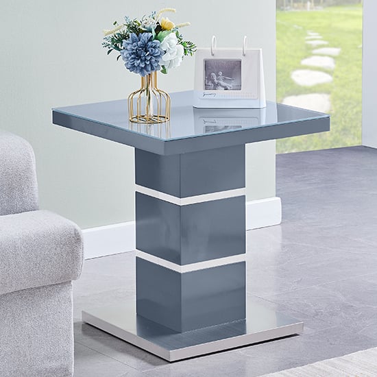 Parini High Gloss Lamp Table In Grey With Glass Top_1