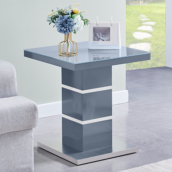 Product photograph of Parini High Gloss Lamp Table In Grey With Glass Top from Furniture in Fashion