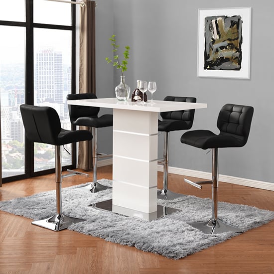 Photo of Parini white gloss bar table with 4 candid black stools