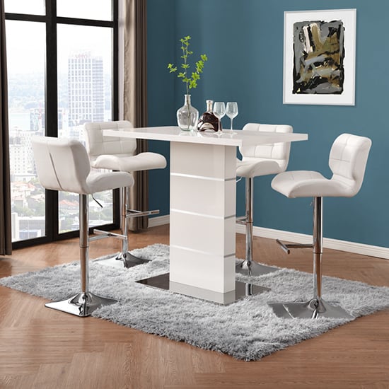 Product photograph of Parini White Gloss Bar Table With 4 Candid White Stools from Furniture in Fashion