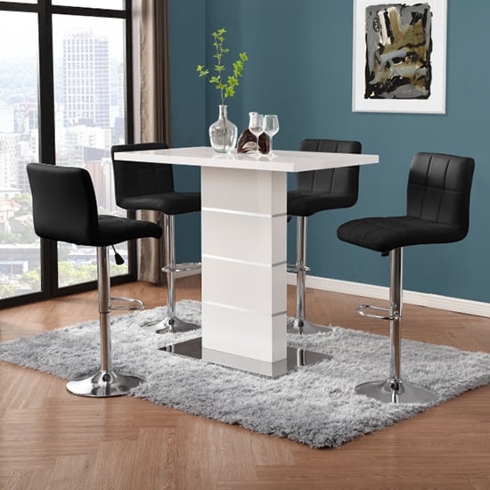 Product photograph of Parini White Gloss Bar Table With 4 Coco Black Stools from Furniture in Fashion