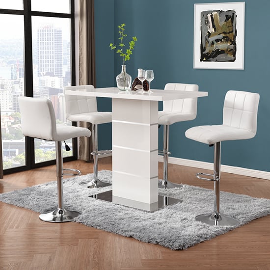 Product photograph of Parini White Gloss Bar Table With 4 Coco White Stools from Furniture in Fashion