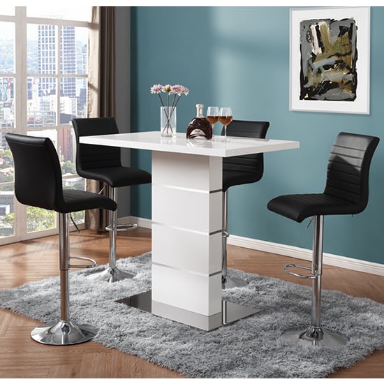 Product photograph of Parini White Gloss Bar Table With 4 Ripple Black Stools from Furniture in Fashion